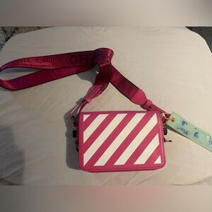 Off White Fuchsia Pink and White Diagonal Stripe Mini Crossbody Purse